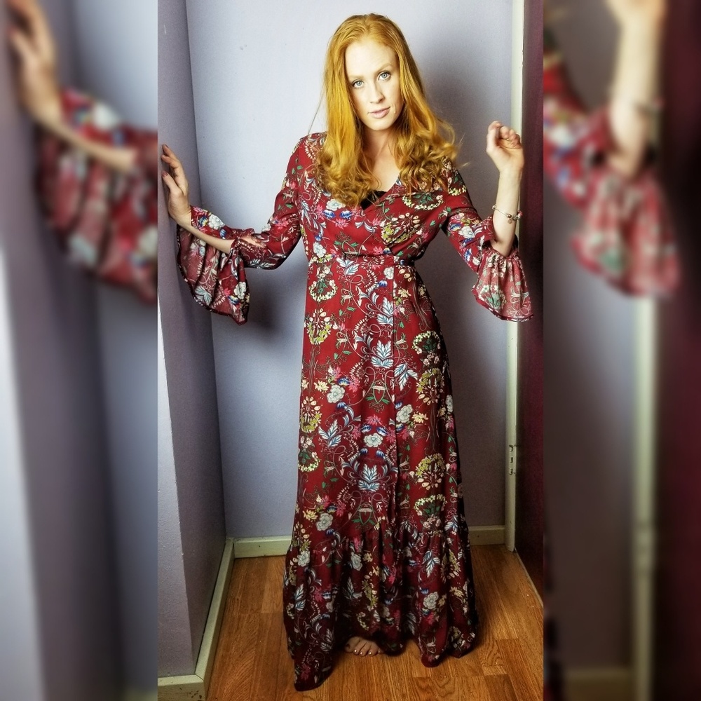 Luxxel Burgundy Print Wrap Dress